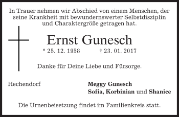 Traueranzeige von Ernst Gunesch von merkurtz