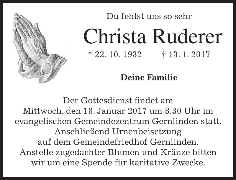 Traueranzeige für Christa Ruderer vom 16.01.2017 aus merkurtz