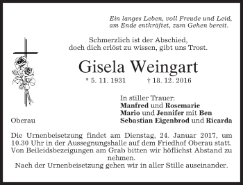 Traueranzeige von Gisela Weingart von merkurtz