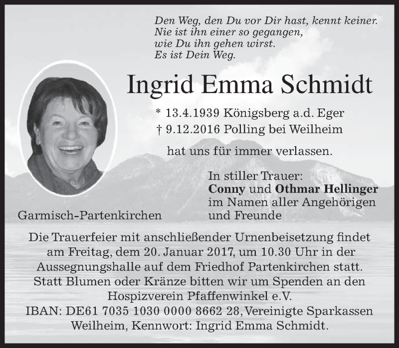  Traueranzeige für Ingrid Emma Schmidt vom 17.01.2017 aus merkurtz