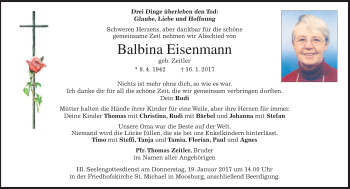 Traueranzeige von Balbina Eisenmann von merkurtz