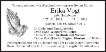 Traueranzeige von Erika Vogt von merkurtz