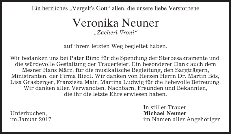  Traueranzeige für Veronika Neuner vom 20.01.2017 aus merkurtz