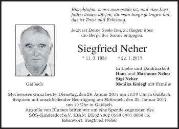 Traueranzeige von Siegfried Neher von merkurtz