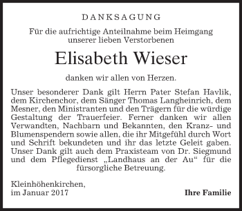 Traueranzeige von Elisabeth Wieser von merkurtz