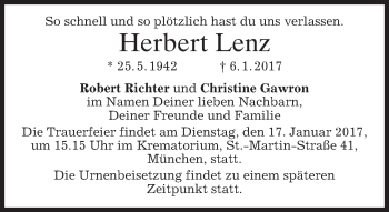 Traueranzeige von Herbert Lenz von merkurtz