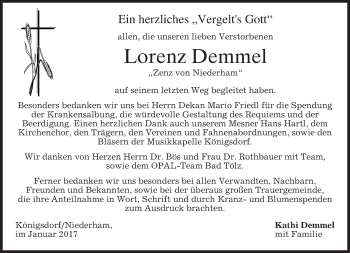 Traueranzeige von Lorenz Demmel von merkurtz