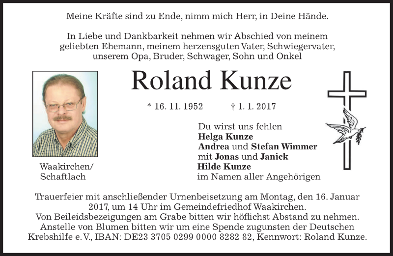  Traueranzeige für Roland Kunze vom 12.01.2017 aus merkurtz