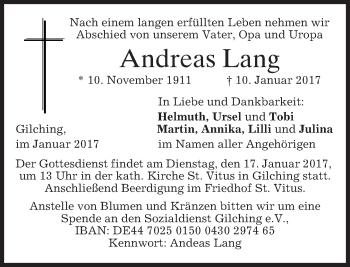 Traueranzeige von Andreas Lang von merkurtz