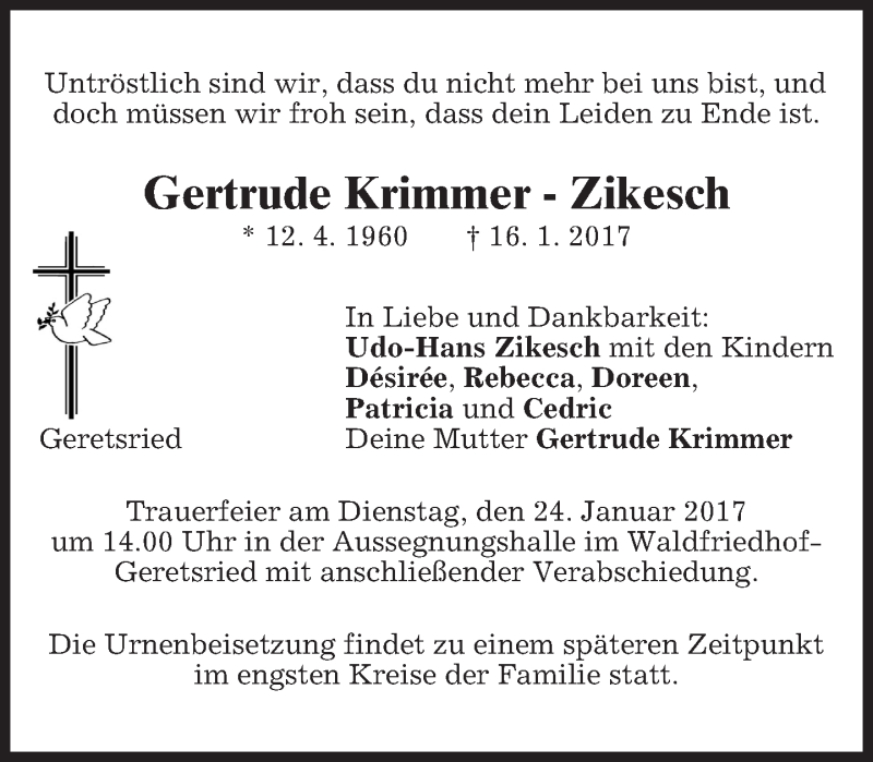  Traueranzeige für Gertrude Krimmer-Zikesch vom 21.01.2017 aus merkurtz