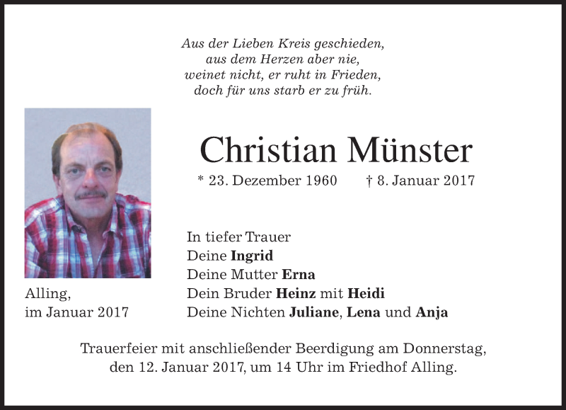  Traueranzeige für Christian Münster vom 11.01.2017 aus merkurtz