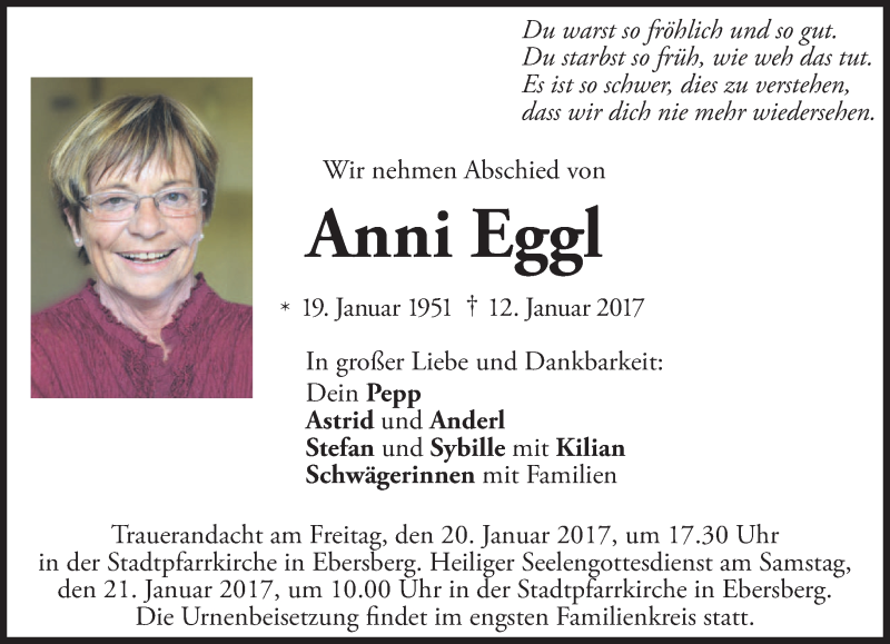  Traueranzeige für Anni Eggl vom 18.01.2017 aus merkurtz