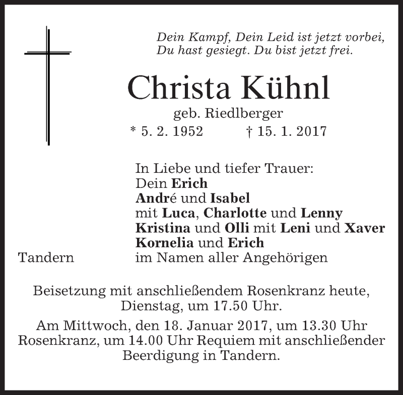  Traueranzeige für Christa Kühnl vom 17.01.2017 aus merkurtz