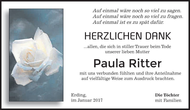 Traueranzeigen von Paula Ritter | trauer.merkur.de