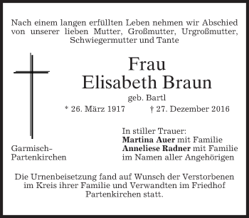 Traueranzeige von Elisabeth Braun von merkurtz