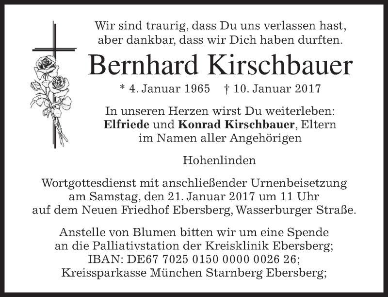  Traueranzeige für Bernhard Kirschbauer vom 19.01.2017 aus merkurtz