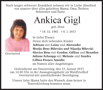 Traueranzeige von Ankica Gigl von merkurtz