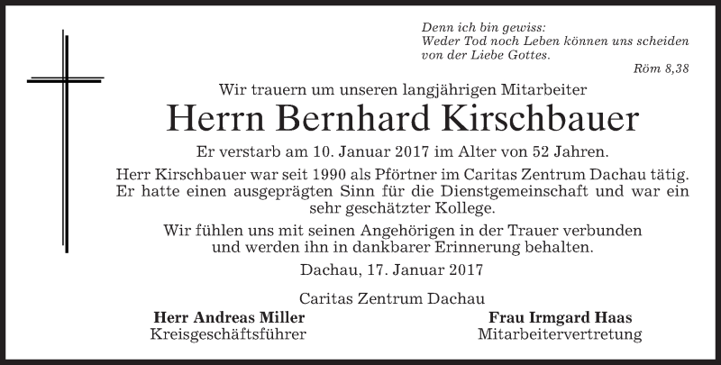  Traueranzeige für Bernhard Kirschbauer vom 19.01.2017 aus merkurtz