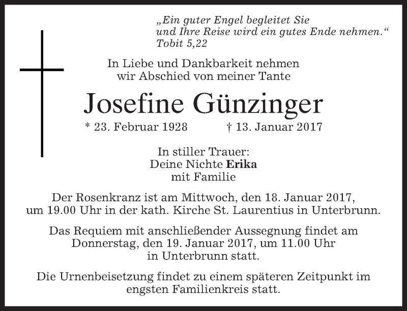 Traueranzeige für Josefine Günzinger vom 17.01.2017 aus merkurtz