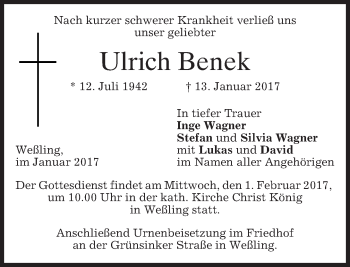 Traueranzeige von Ulrich Benek von merkurtz