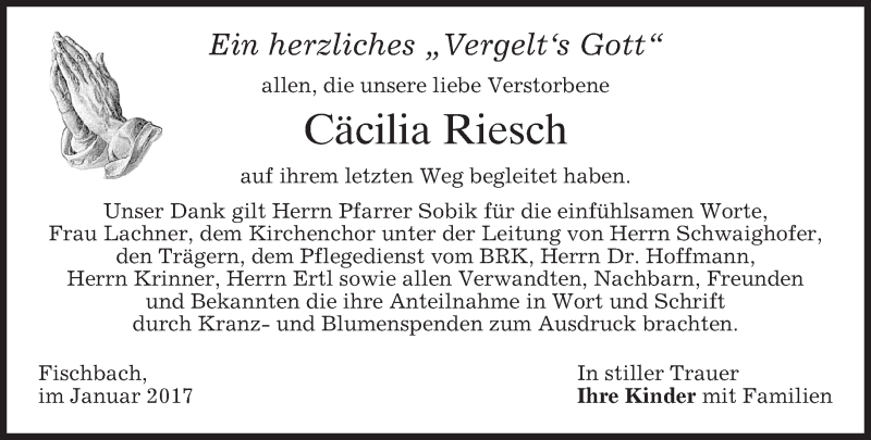  Traueranzeige für Cäcilia Riesch vom 14.01.2017 aus merkurtz