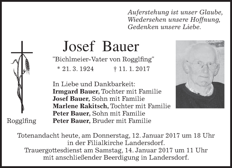  Traueranzeige für Josef Bauer vom 12.01.2017 aus merkurtz