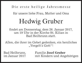 Traueranzeige von Hedwig Gruber von merkurtz