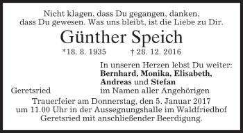 Traueranzeige von Günther Speich von merkurtz