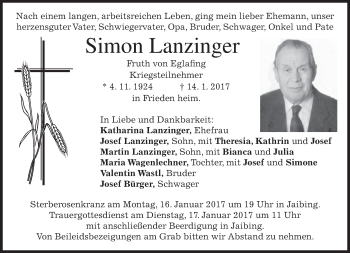 Traueranzeige von Simon Lanzinger von merkurtz