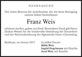 Traueranzeige von Franz Weis von merkurtz