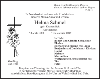 Traueranzeige von Helma Schmel von merkurtz