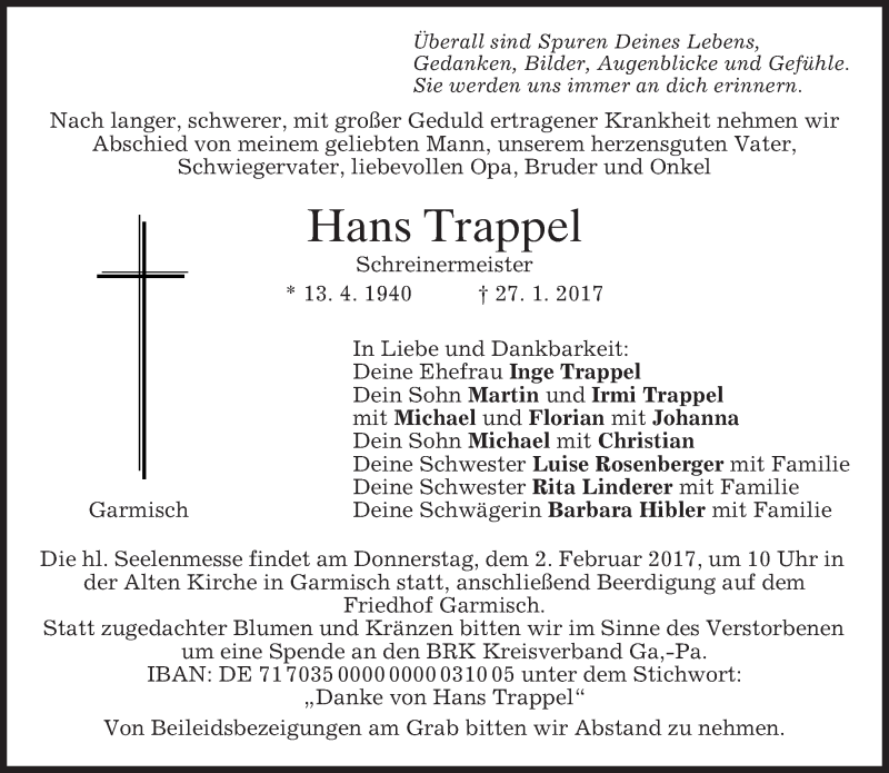  Traueranzeige für Hans Trappel vom 31.01.2017 aus merkurtz