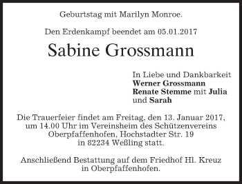 Traueranzeige von Sabine Grossmann von merkurtz