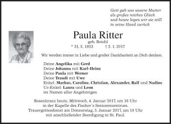 Traueranzeigen von Paula Ritter | trauer.merkur.de
