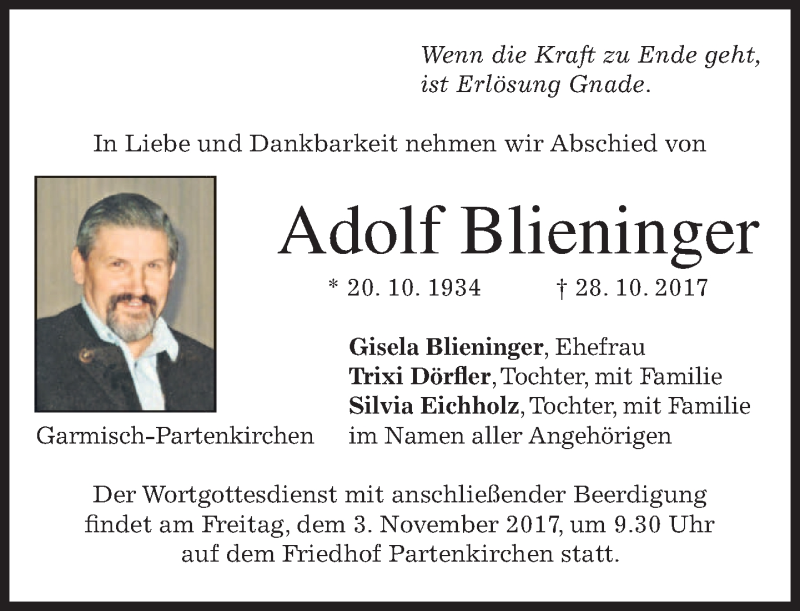  Traueranzeige für Adolf Blieninger vom 30.10.2017 aus merkurtz