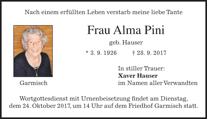  Traueranzeige für Alma Pini vom 21.10.2017 aus merkurtz