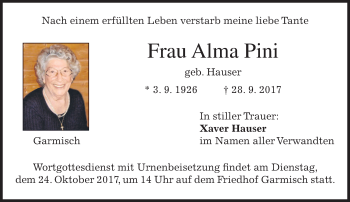 Traueranzeige von Alma Pini von merkurtz