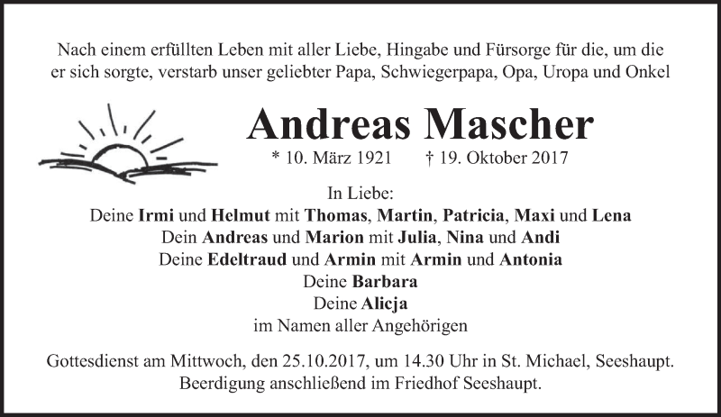  Traueranzeige für Andreas Mascher vom 21.10.2017 aus merkurtz