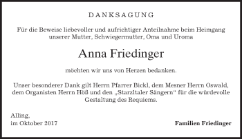 Traueranzeige von Anna Friedinger von merkurtz