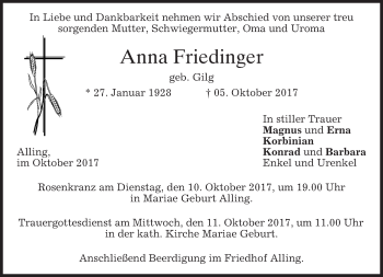 Traueranzeige von Anna Friedinger von merkurtz