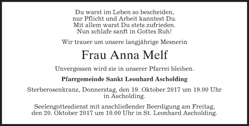  Traueranzeige für Anna Melf vom 18.10.2017 aus merkurtz