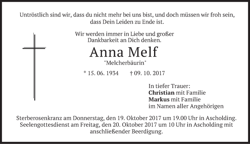  Traueranzeige für Anna Melf vom 14.10.2017 aus merkurtz