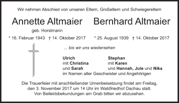 Traueranzeige von Annette und Bernhard Altmaier