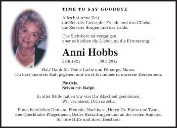 Traueranzeige von Anni Hobbs von merkurtz