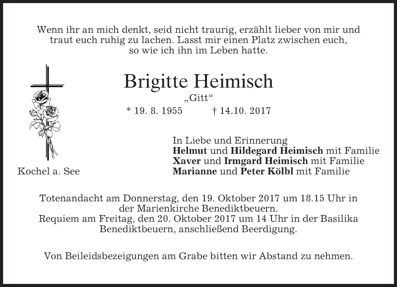  Traueranzeige für Brigitte Heimisch vom 18.10.2017 aus merkurtz