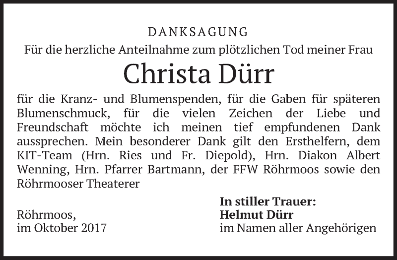  Traueranzeige für Christa Dürr vom 07.10.2017 aus merkurtz