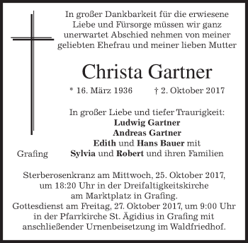 Traueranzeige von Christa Gartner von merkurtz