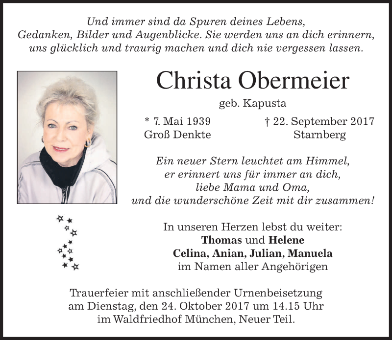  Traueranzeige für Christa Obermeier vom 07.10.2017 aus merkurtz