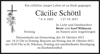 Traueranzeige von Cäcilie Schöttl von merkurtz