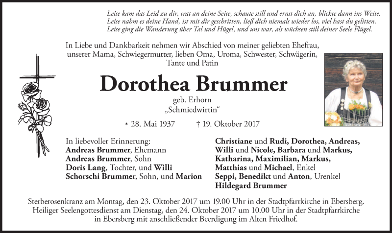  Traueranzeige für Dorothea Brummer vom 21.10.2017 aus merkurtz